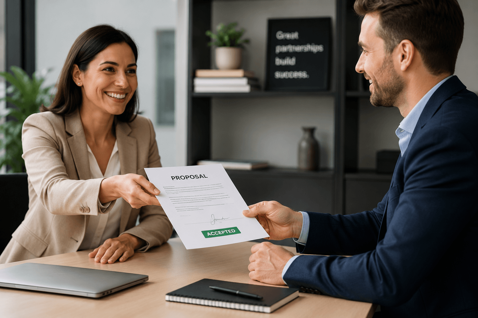 Client hands a signed proposal to a salesperson across a meeting table, marking a successful proposal acceptance